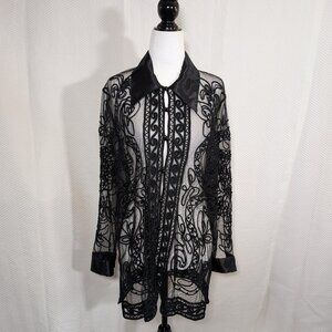 Melanie Lyne Black Sheer Embroidered Beaded Long Sleeve Blouse Medium NWT